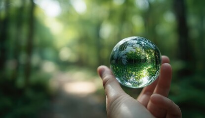Hand holds a crystal sphere reflecting a forest scene