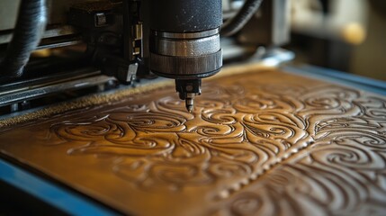 A small, detailed machine crafting intricate patterns on leather for artisanal goods.