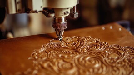 A small, detailed machine crafting intricate patterns on leather for artisanal goods.