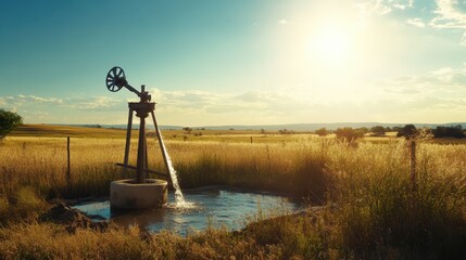 A solar-powered water pump operating in a rural field under bright sunlight.