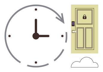 Locked door with smart keypad, large clock symbolizing time, and cloud. Ideal for security, access control, time management, IoT, remote access, automation simple flat metaphor