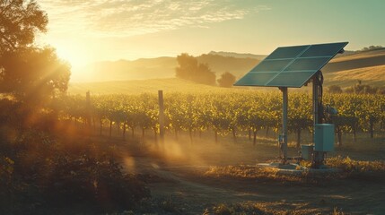A solar-powered water pump operating in a rural field under bright sunlight.