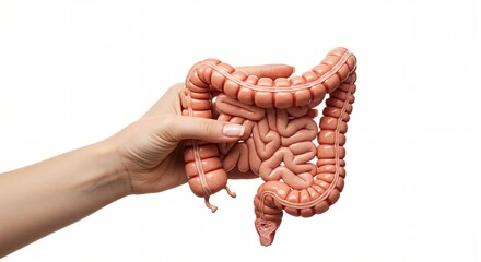 Hand shows and holds human Large intestine. 
