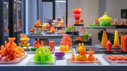 A vibrant food lab showcasing advanced 3D printing machines and innovative edible designs.