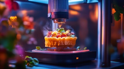 A vibrant image of a 3D food printer crafting a gourmet dish layer by layer.