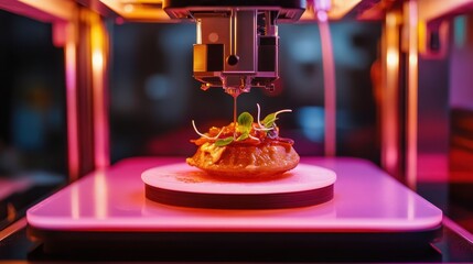 A vibrant image of a 3D food printer crafting a gourmet dish layer by layer.