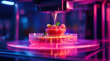 A vibrant image of a 3D food printer crafting a gourmet dish layer by layer.
