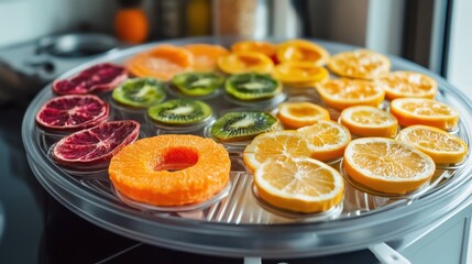 A vibrant photo of a desktop food dehydrator preparing healthy snacks at home.