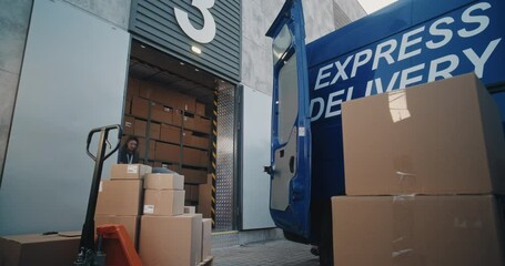 Outside of Logistics Distribution Warehouse: Team of Diverse Employees Unloading Delivery Truck with Cardboard Boxes with Online Orders and E-Commerce Goods. Express Delivery Service. Time Lapse.