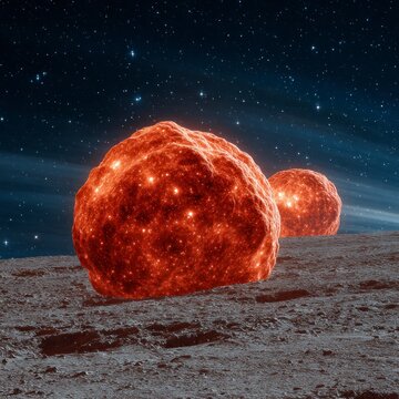 Two glowing orange celestial bodies rest on a textured gray alien surface under a star filled night sky