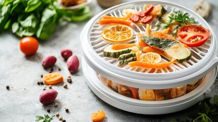 A vibrant photo of a desktop food dehydrator preparing healthy snacks at home.