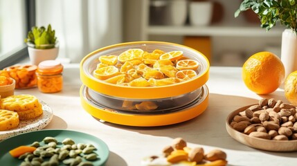 A vibrant photo of a desktop food dehydrator preparing healthy snacks at home.