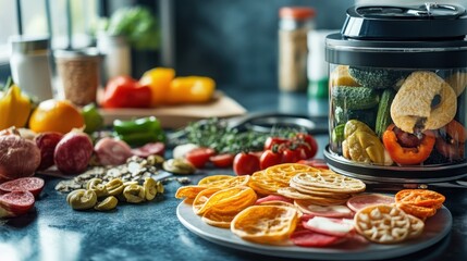 A vibrant photo of a desktop food dehydrator preparing healthy snacks at home.