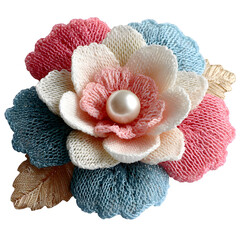 Chic crochet flower hair clip with layered pastel petals and central pearl detail, feminine handmade accessory, isolated transparent background with minimal design