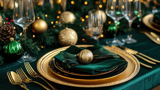 Festive table setting with golden plates, emerald cloth - Powered by Adobe