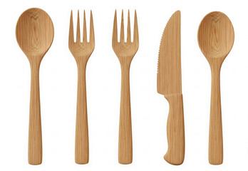 Wooden Spoon, fork and knife on white background. Bamboo kitchen and table utensils. Preventing metallic taste or chemical leaching.