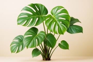 Monstera plant with large green leaves in minimal light on soft beige background, showcasing creative 3d botanical design concept.