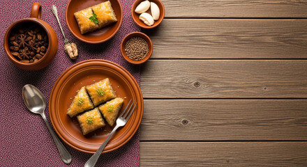 Baklava arranged beautifully on rustic wooden table, delicious.