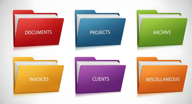 Organized Data Management: A collection of vibrant, color-coded file folders meticulously categorized for effortless document management and organization, symbolizing order and efficiency.