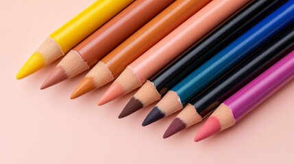 Fototapeta premium Close Up Of Colorful Row Of Sharpened Pencils on Textured Pink Background in Studio
