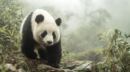 Obraz premium A panda standing on a rocky hill surrounded by misty bamboo forest, background in soft focus, cinematic tones with focus on the panda’s curious eyes and contrasting black-and-white fur.