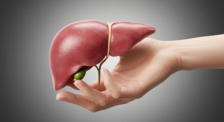 Hand shows and holds human Liver.
