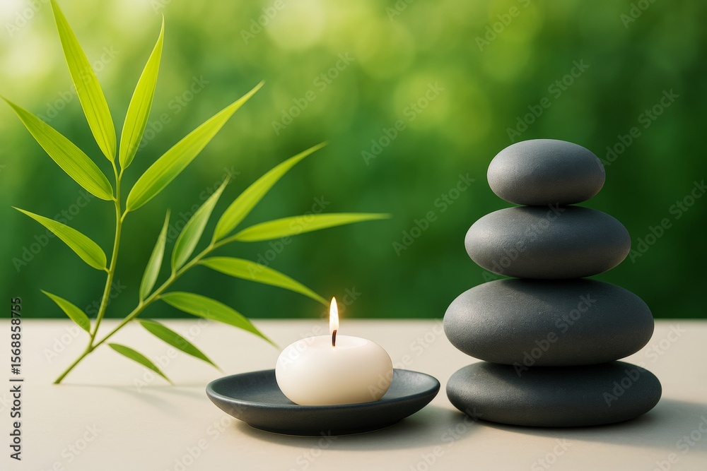 Poster zen stones stacked with lit candle and bamboo leaves on soft surface, peaceful spa ambiance with abs