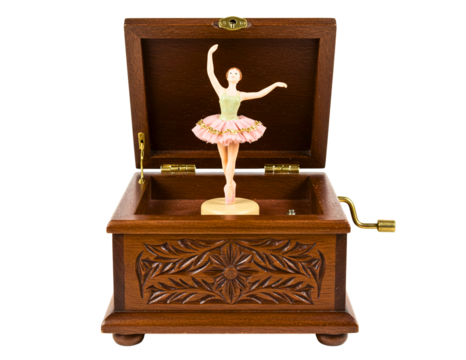 Ornate wooden music box with a spinning ballerina dancer isolated on transparent background