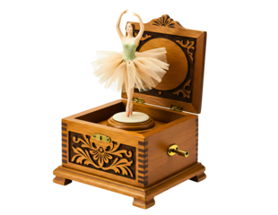 Ornate wooden music box with a spinning ballerina dancer isolated on transparent background