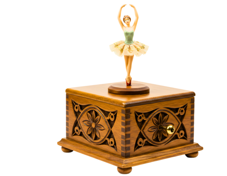 Ornate wooden music box with a spinning ballerina dancer isolated on transparent background