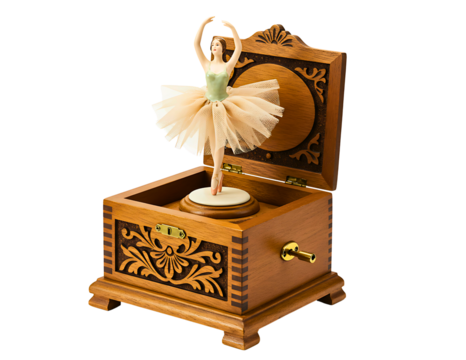 Ornate wooden music box with a spinning ballerina dancer isolated on transparent background