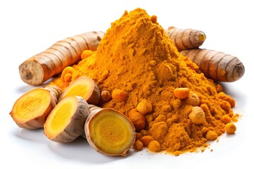 Turmeric root and powder are isolated on white background