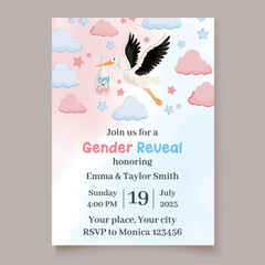 Stork deliver the baby Boy or girl Gender reveal invitation template