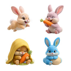 Cute Cartoon Bunny Rabbits with Carrots in Various Colors and Poses on Transparent Background