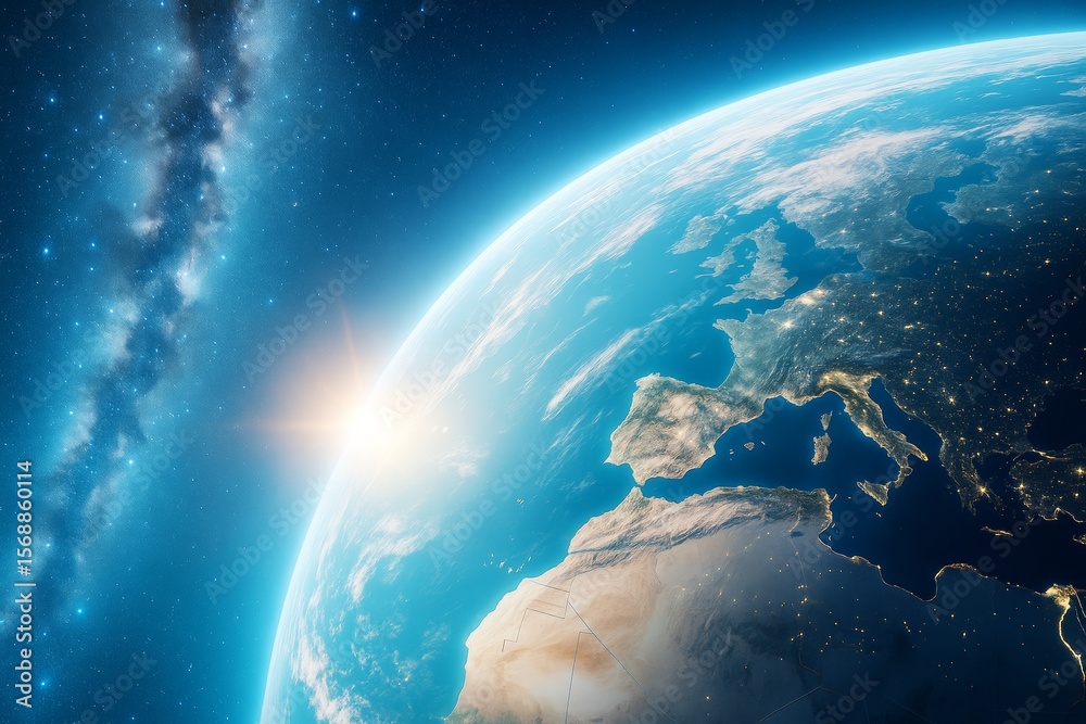 Poster Beautiful view of planet Earth from space with sunlight illuminating the atmosphere and stars visible in the cosmic background. Ai generative.