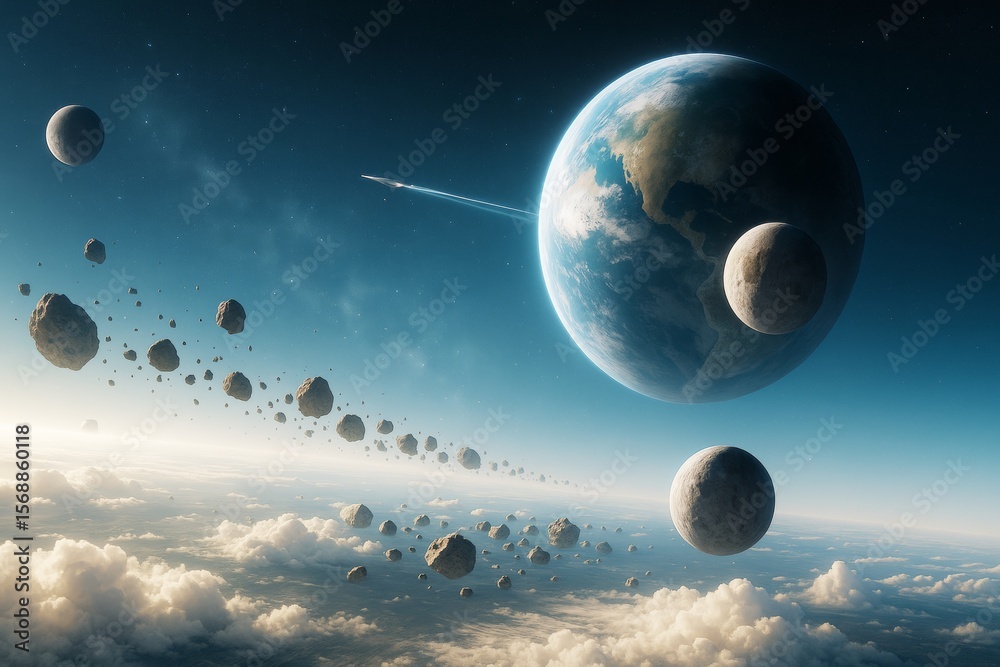 Poster Planet with moons and asteroid belt above clouds with spaceship trail in deep space, celestial science background concept in 3D light effect style.