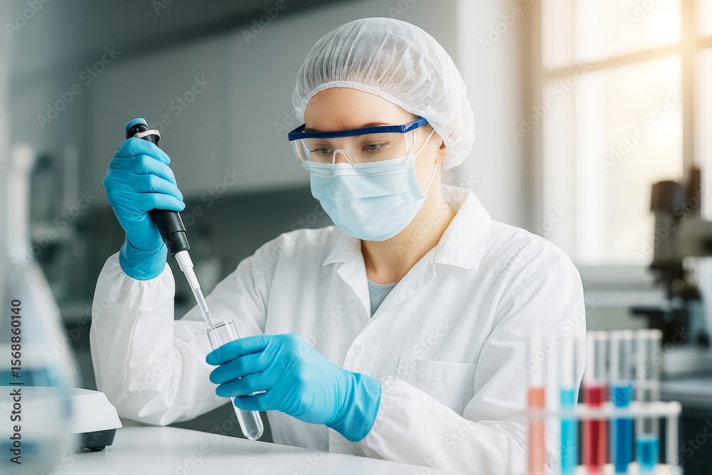 Aufkleber female scientist in protective gear using pipette in laboratory with test tubes on bright background