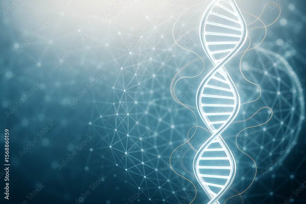 Aufkleber Glowing DNA double helix structure with abstract molecular mesh on blue background, symbolizing genetic science and biotechnology concept.