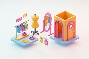 3D rendering of a clothing store setup, featuring a yellow smiling mannequin, a pink mirror, a changing room, a clothing rack with various garments and shoes, and price tags.