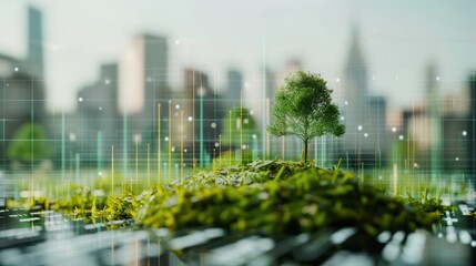 A green tree growing on a grassy hill with a city skyline in the background.