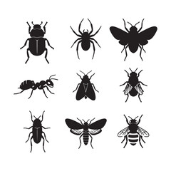 Nine Black Silhouettes of Insects and a Spider on White Background Beetle Ant Bee Fly Moth Spider