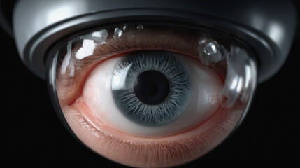 Close-up image of a blue eye magnified by a lens, showing intricate iris details and reflections.