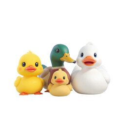Group of Cute Rubber Duck Toys in Bright Colors on Transparent Background