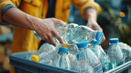 A person sorting through a crate of plastic water bottles.