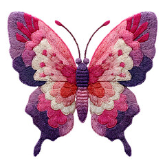 Crochet butterfly applique in gradient pink and purple yarn, symmetrical wing detail and fine texture, isolated transparent background with soft wool texture