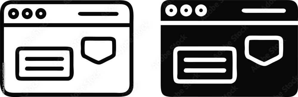 Poster secure browser icon set – black and white vector window with shield and message interface symbols