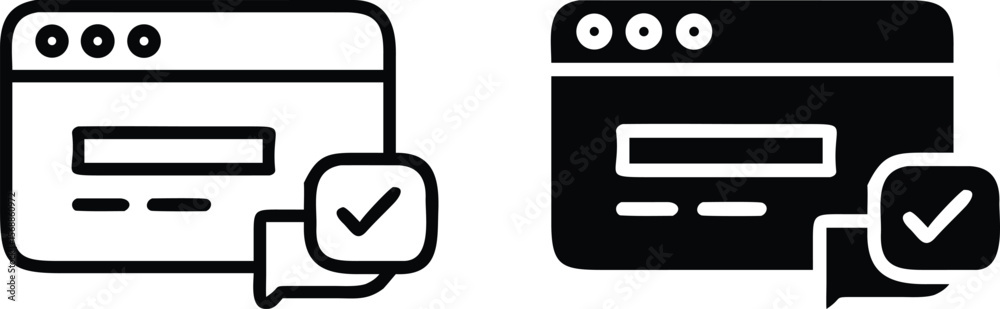 Poster chat message icon set – black and white vector browser window with speech bubble and checkmark