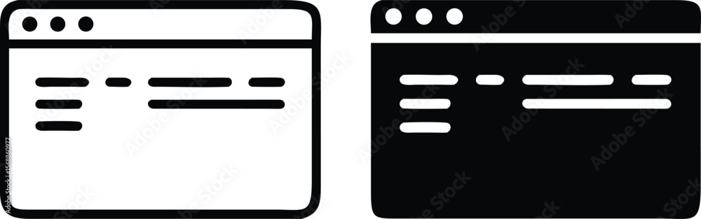 Poster webpage layout icon set – black and white vector browser window with menu and content bars