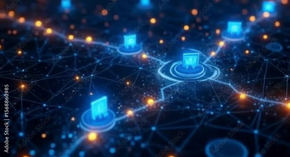 Poster futuristic network of interconnected nodes with glowing connections and data transfer visualization 