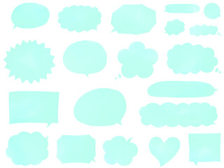 水彩の吹き出し：ミントグリーンの手描きフキダシのセット